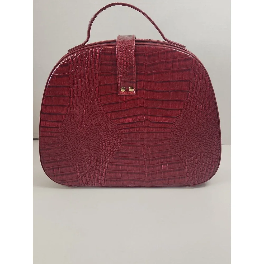 Vtg 90s Red Faux Crocodile Train Case Dome Vanity Cosmetics Travel Box W/Key